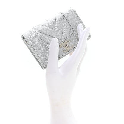 Chanel Metallic Caviar Chevron Quilted Vintage Mademoiselle Flap Card Holder Silver 2 of 8