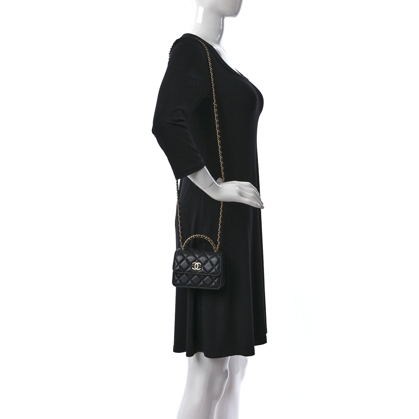 Lambskin Quilted Chain Top Handle Clutch With Chain Black