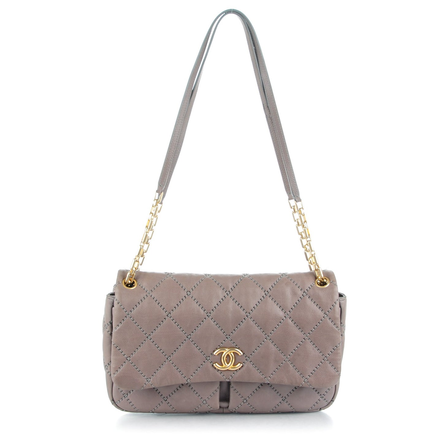 Calfskin Quilted Large Retro Chain Flap Grey
