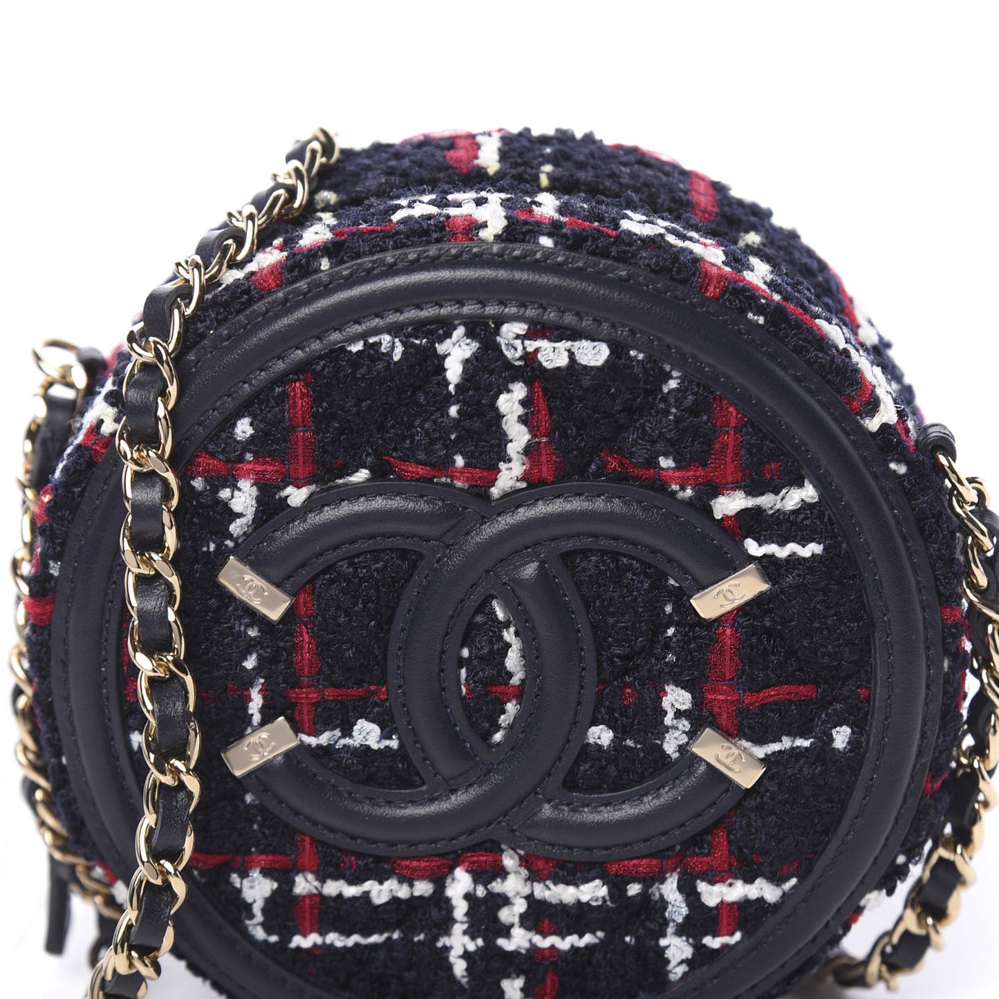 Tweed Quilted Round Filigree Clutch With Chain Navy Blue