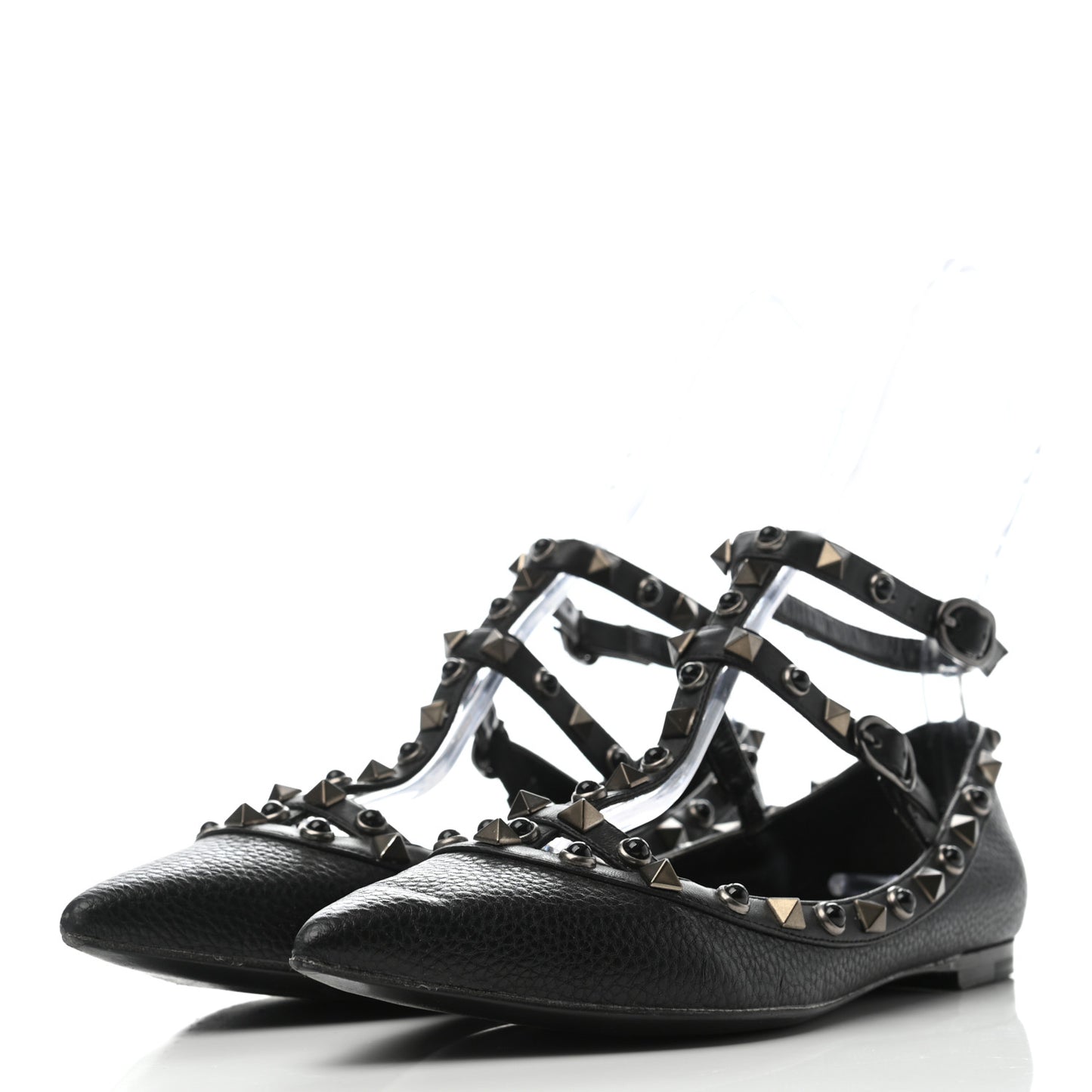 Pebbled Calfskin Onyx Rockstud Rolling Cage Ballerina Flats 36 Black