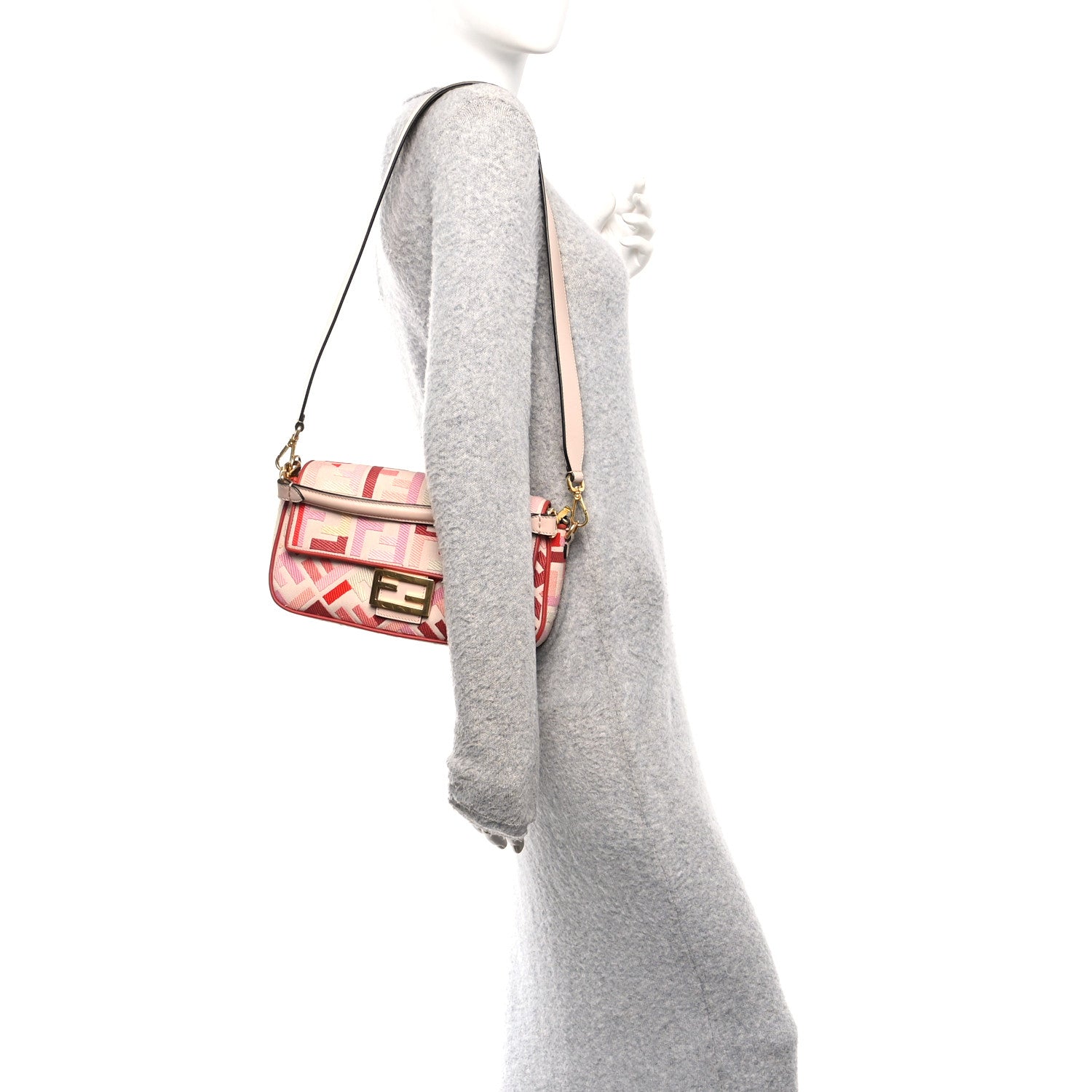 Fendi Canvas Vitello King FF Embroidered Baguette Rosa Quarzo