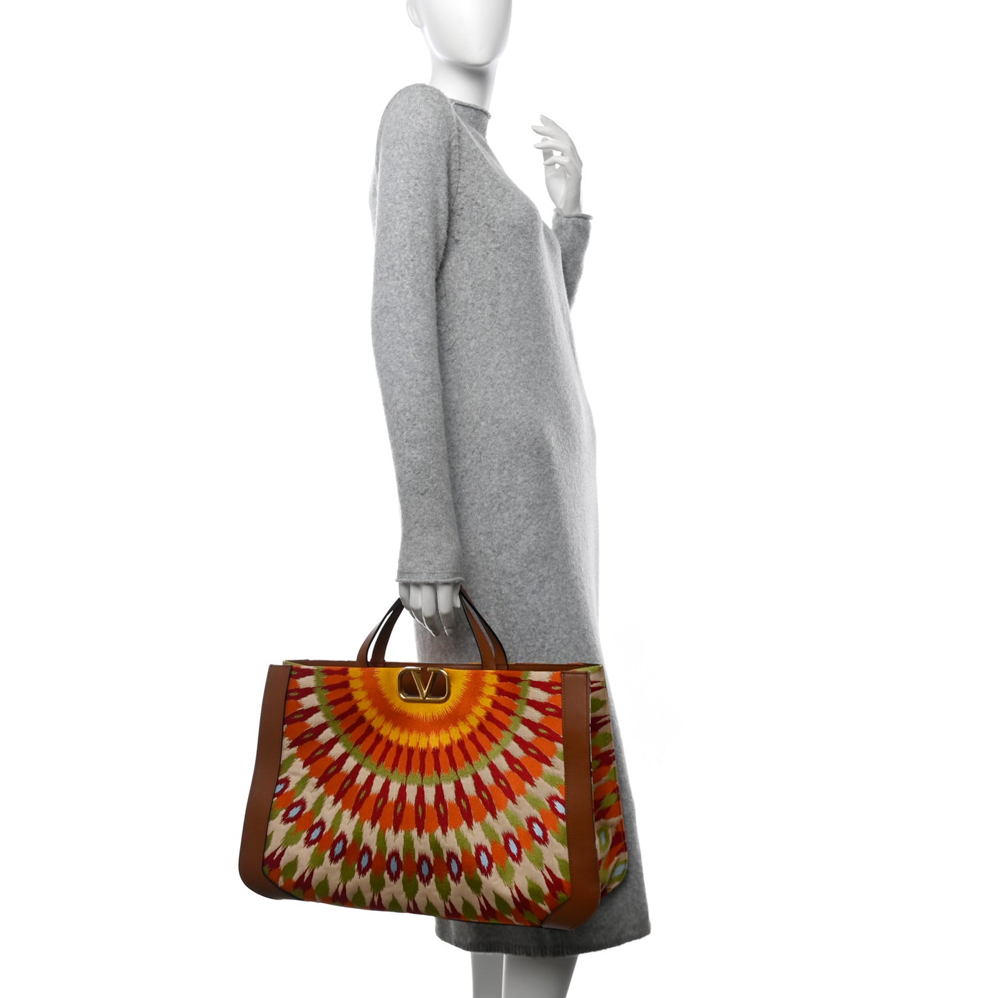 Canvas Calfskin Large Printed Vlogo Signature Tote Saddle Brown Multicolor