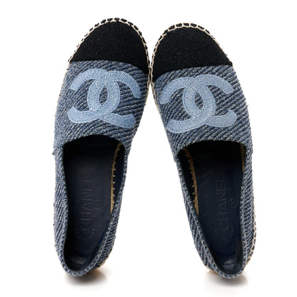 Chanel Cotton Tweed CC Espadrilles 38 Blue Ecru Black 2 of 11