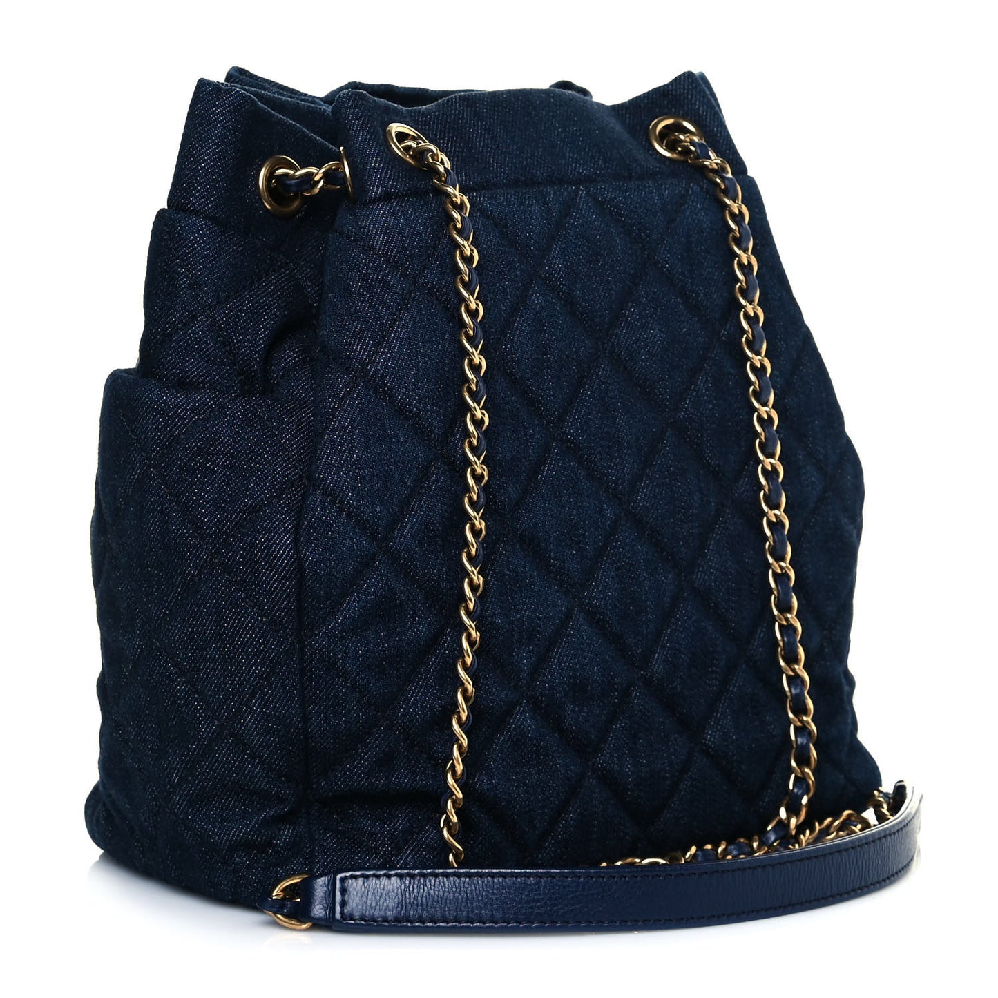 Washed Denim Quilted Small Urban Spirit Drawstring Bag Dark Blue