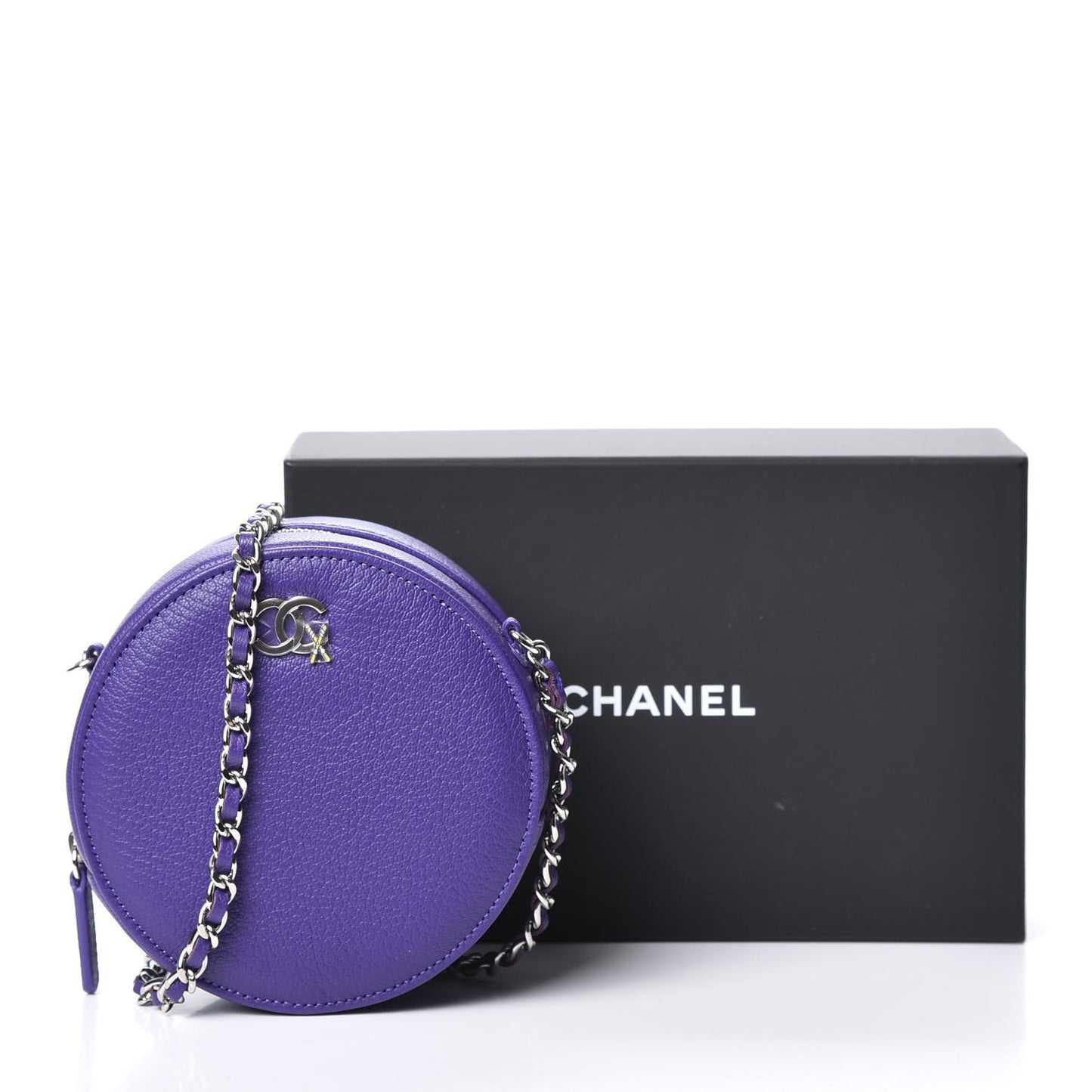 Calfskin Round Clutch With Chain Purple