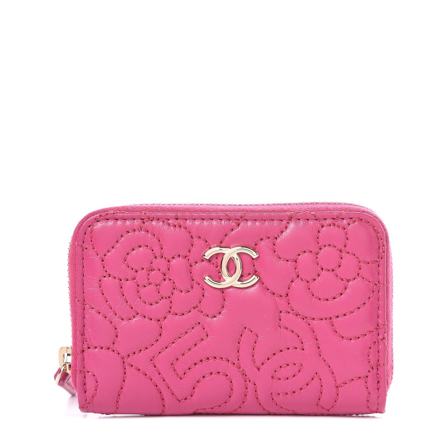 Lambskin Camellia Embossed Zip Coin Purse Pink