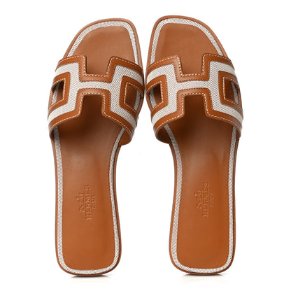 Hermes Calfskin Canvas Oran Sandals 36 Noisette Beige Dore 5 of 12