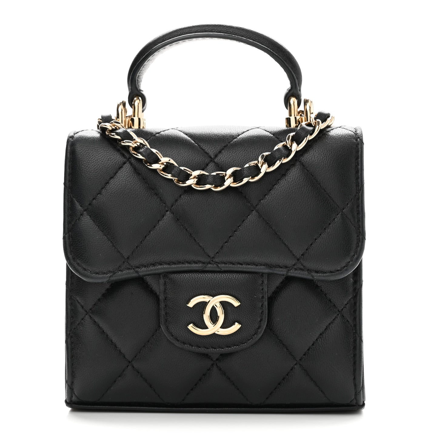 Lambskin Quilted Top Handle Flap Clutch With Chain Black