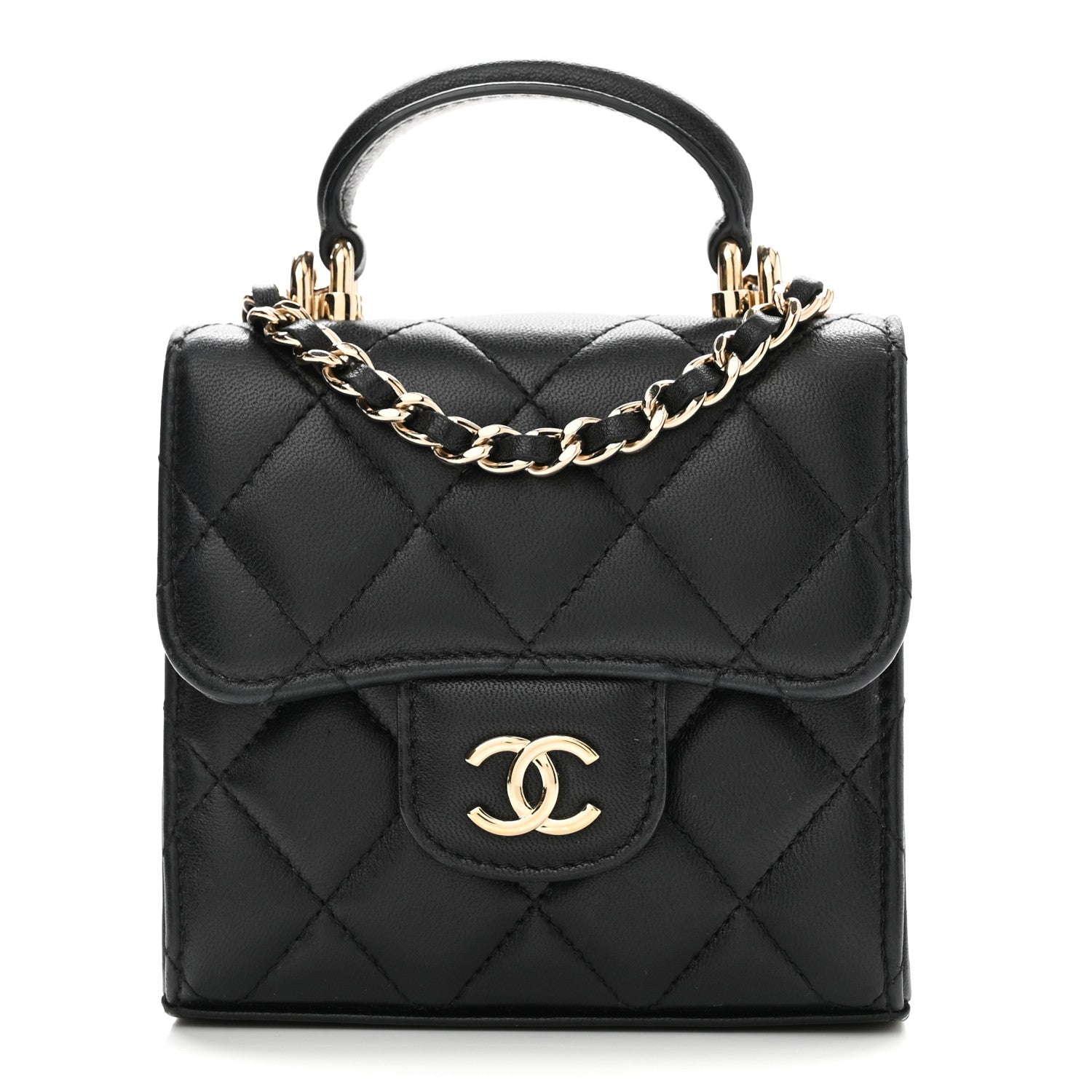 Chanel Lambskin Quilted Top Handle Flap Clutch With Chain Black 1 of 10