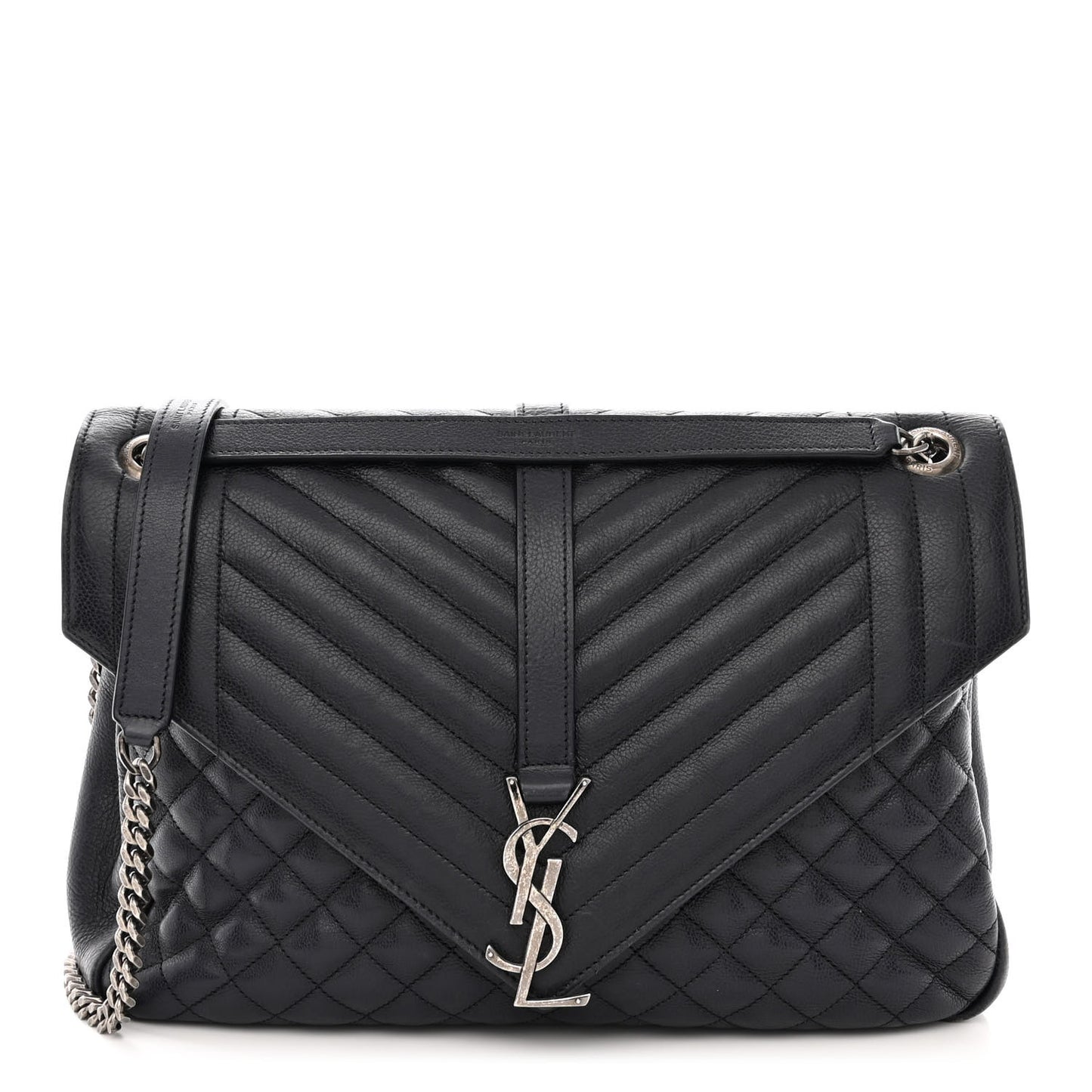 SAINT LAURENT Calfskin Mixed Matelasse Triquilt Large Monogram Envelope Satchel Deep Marine