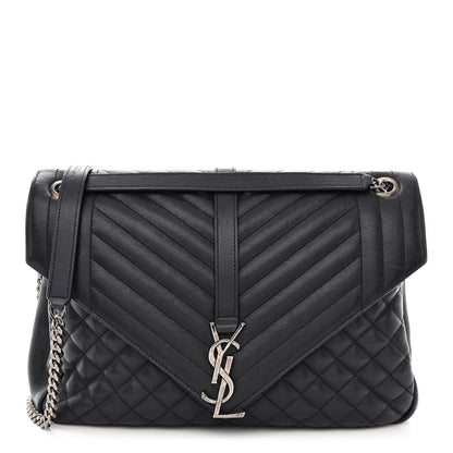 Saint Laurent SAINT LAURENT Calfskin Mixed Matelasse Triquilt Large Monogram Envelope Satchel Deep Marine 1 of 19