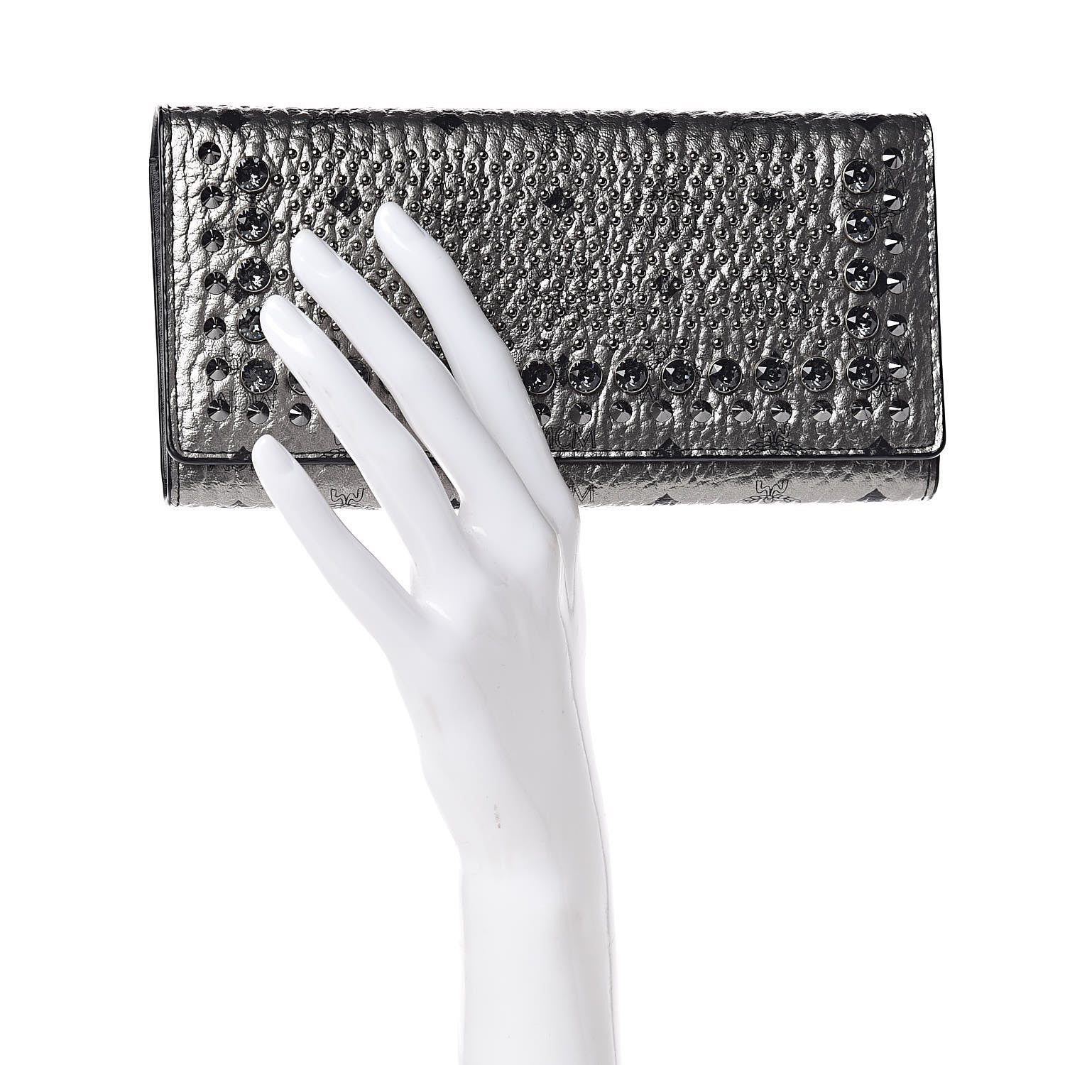 MCM Metallic Visetos Swarovski Crystal Studded Flap Wallet Silver 2 of 9