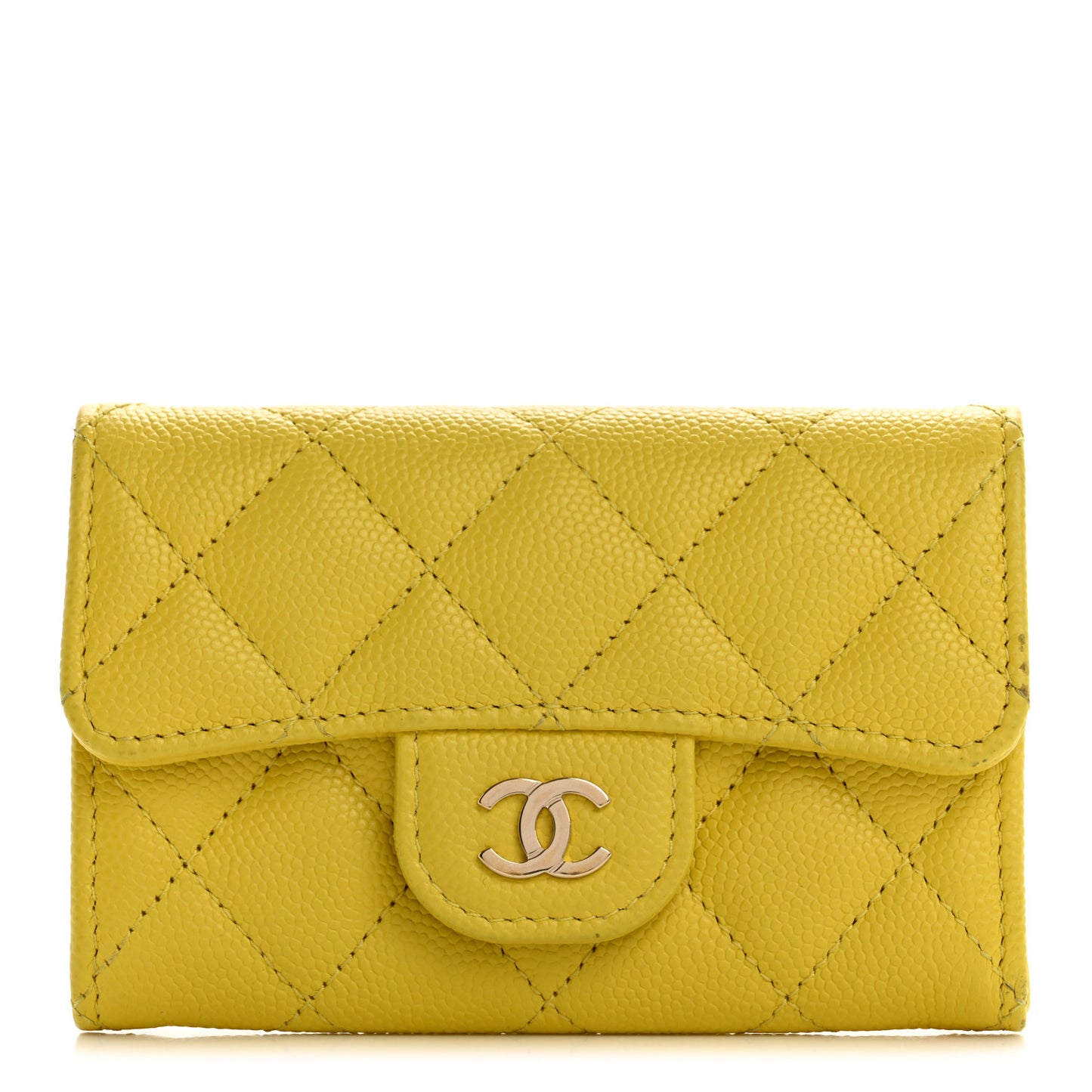 Caviar Quilted Flap Card Holder Wallet Yellow