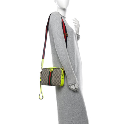 Gucci GG Supreme Monogram Textured Dollar Calfskin Web Ophidia Wristlet Shoulder Bag Beige Ebony Fluo Yellow 2 of 10