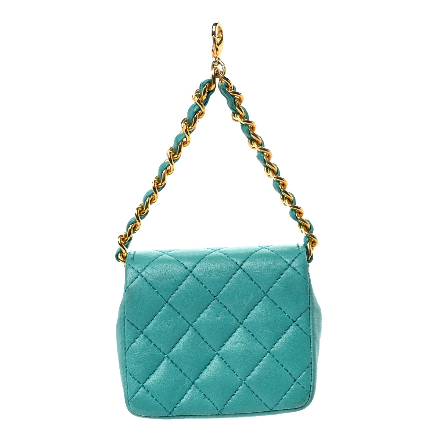 Lambskin Quilted Mini Pouch Bag Charm Keychain Turquoise