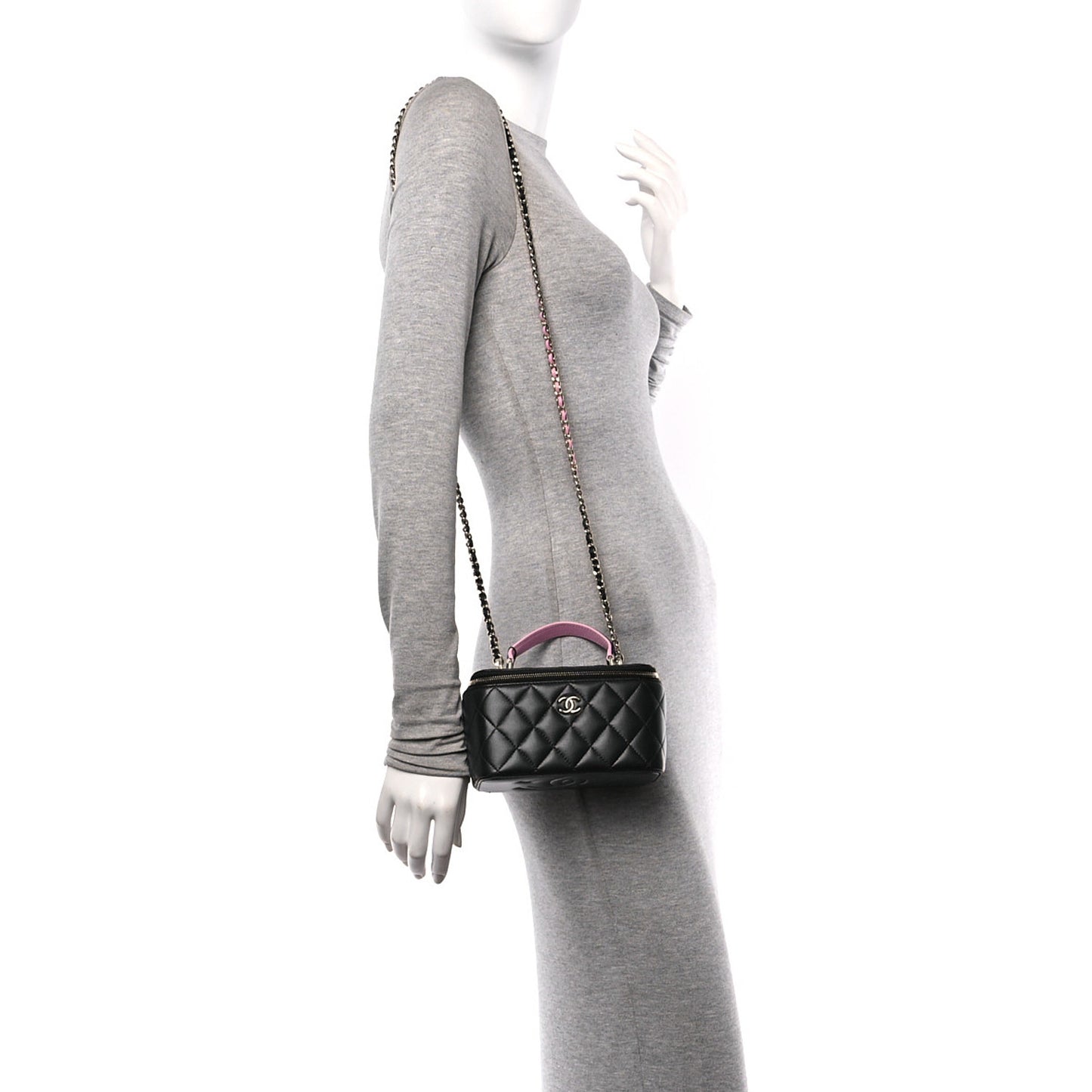 Lambskin Quilted Small Top Handle Vanity Case With Chain Black Lilac