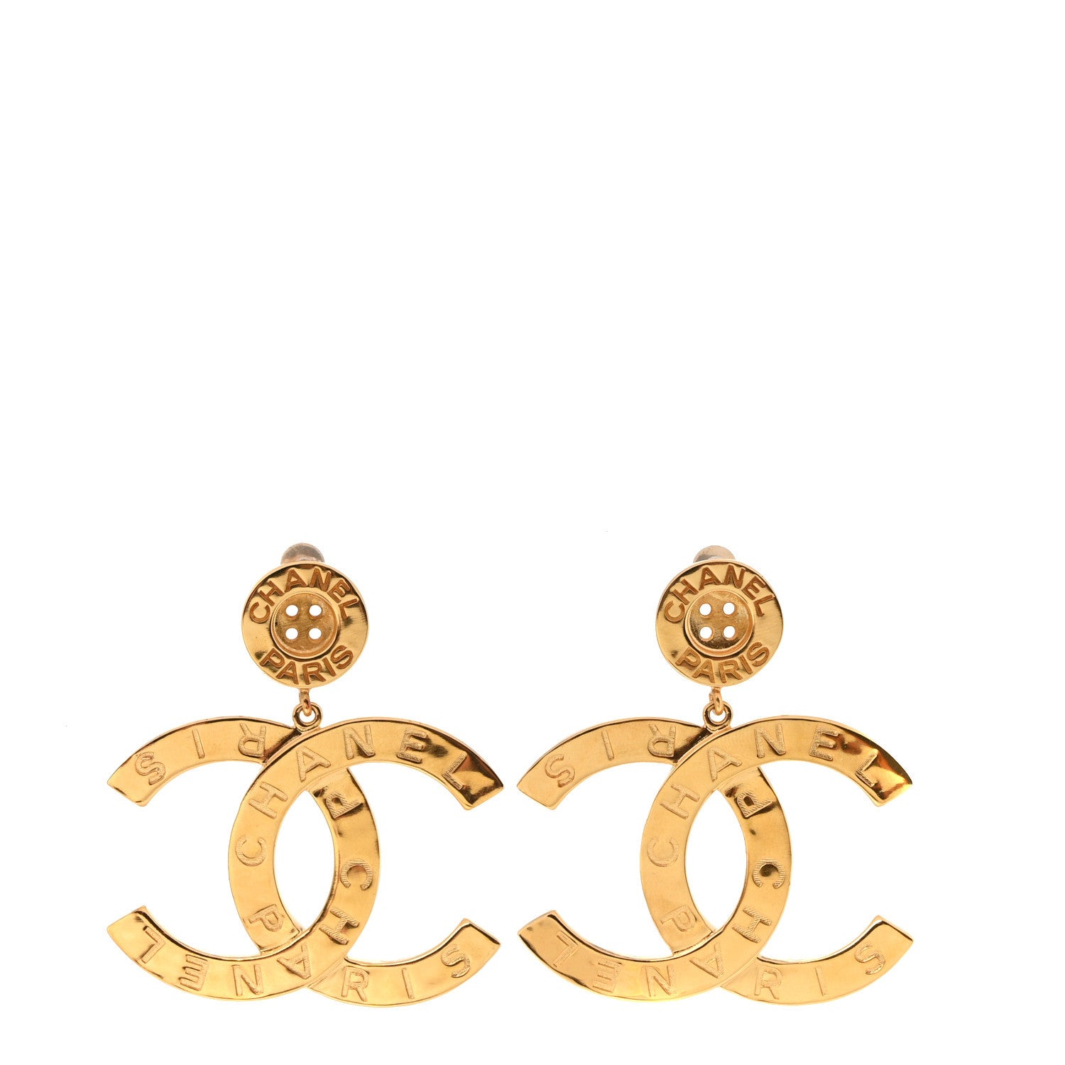 Chanel Metal Large Paris Button Earrings Gold 1 of 5