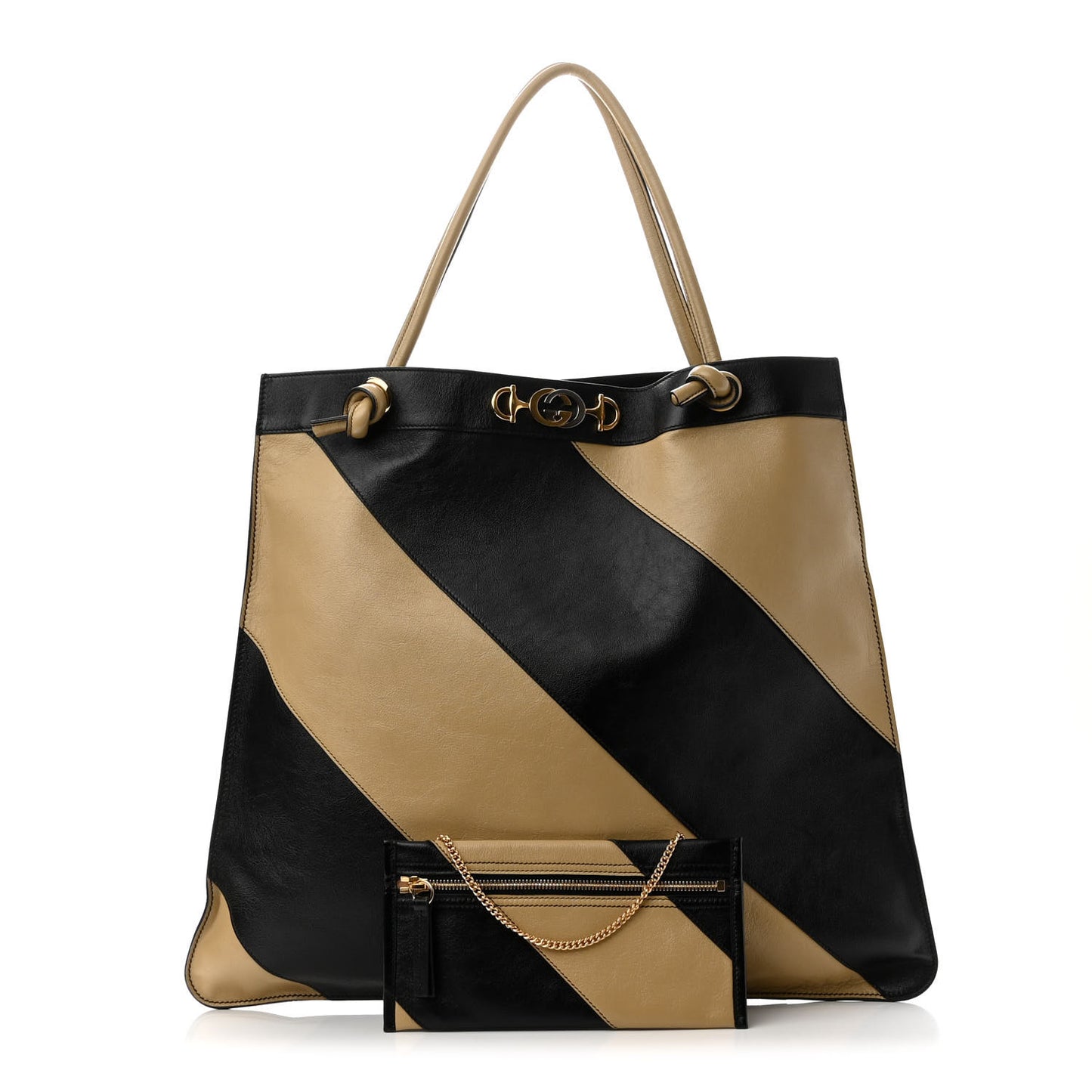 Smooth Calfskin Diagonal Striped Zumi Tote Black Beige
