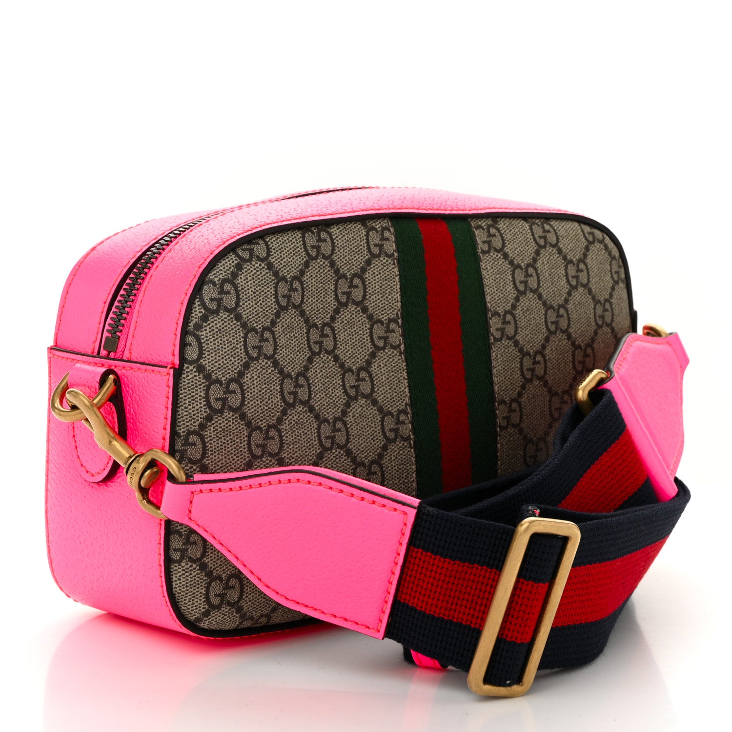 Gucci GG Supreme Monogram Textured Dollar Calfskin Web Ophidia Small Crossbody Bag Beige Ebony Fuchsia 3 of 10