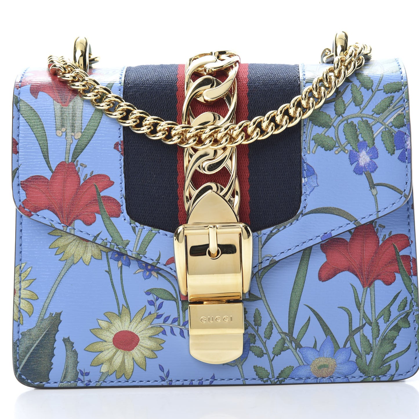 Shangai Calfskin Web New Flora Mini Sylvie Chain Shoulder Bag Azure