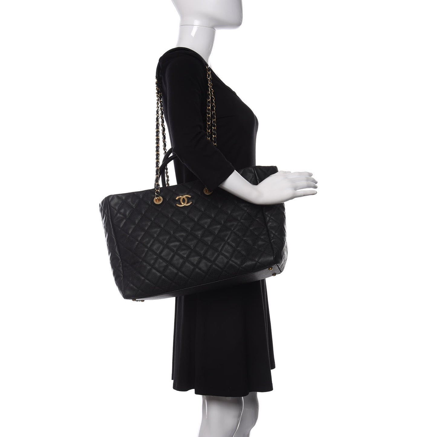 Caviar Quilted Large Coco Handle Shopping Tote Black
