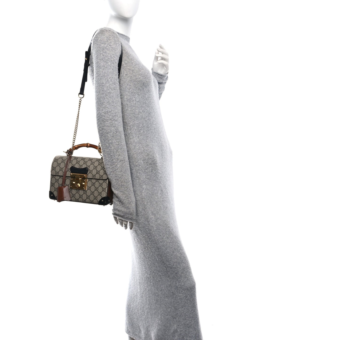 GG Supreme Monogram Small Padlock Bamboo Shoulder Bag Beige Black Cuir