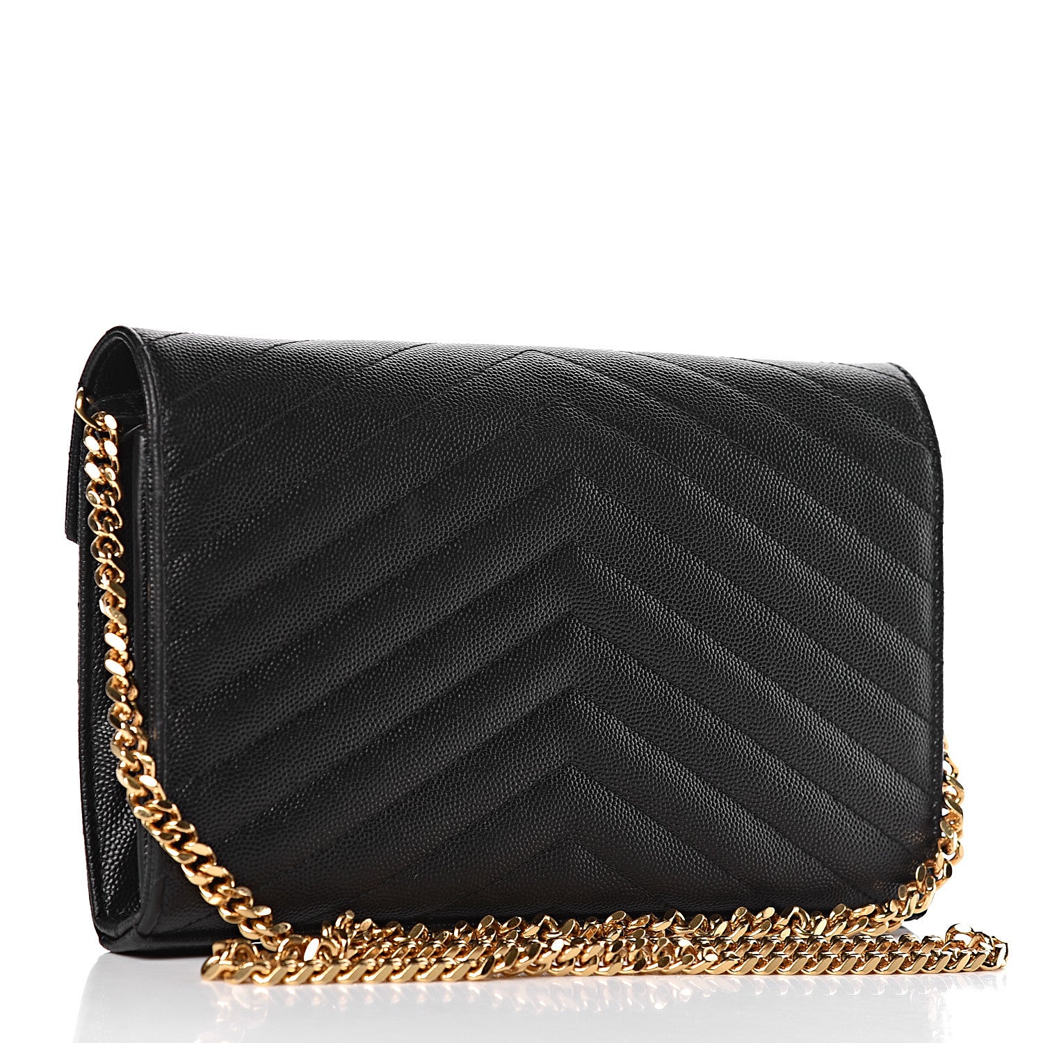 Saint Laurent Grain De Poudre Matelasse Chevron Monogram Chain Wallet Black 3 of 13