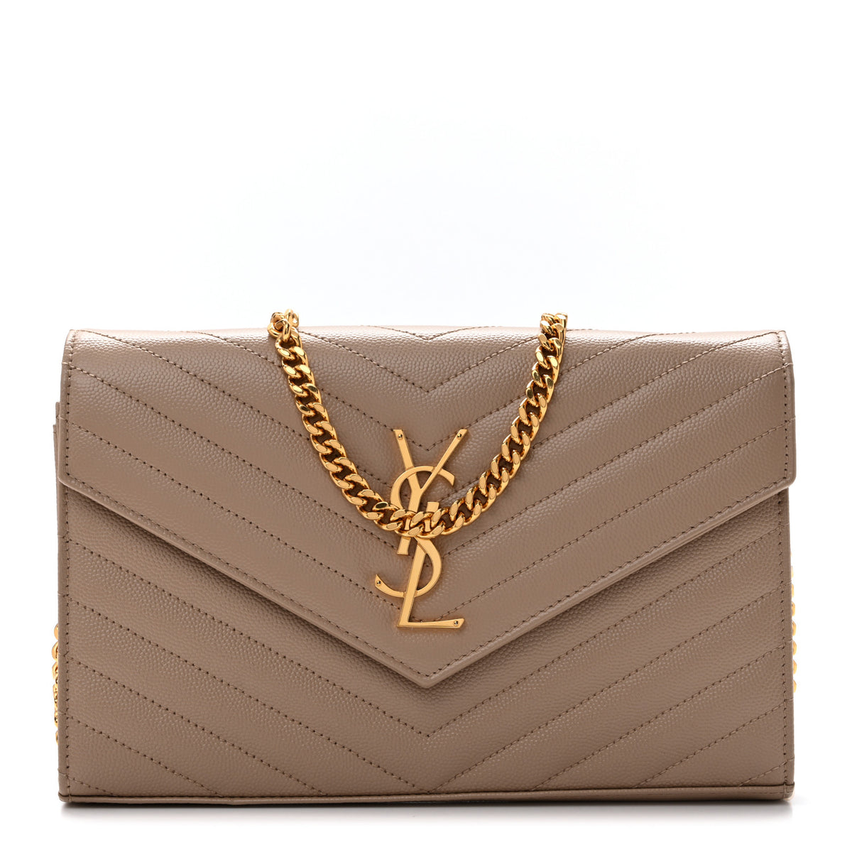 Saint Laurent Grain De Poudre Matelasse Chevron Monogram Chain Wallet Dark Beige 1 of 14