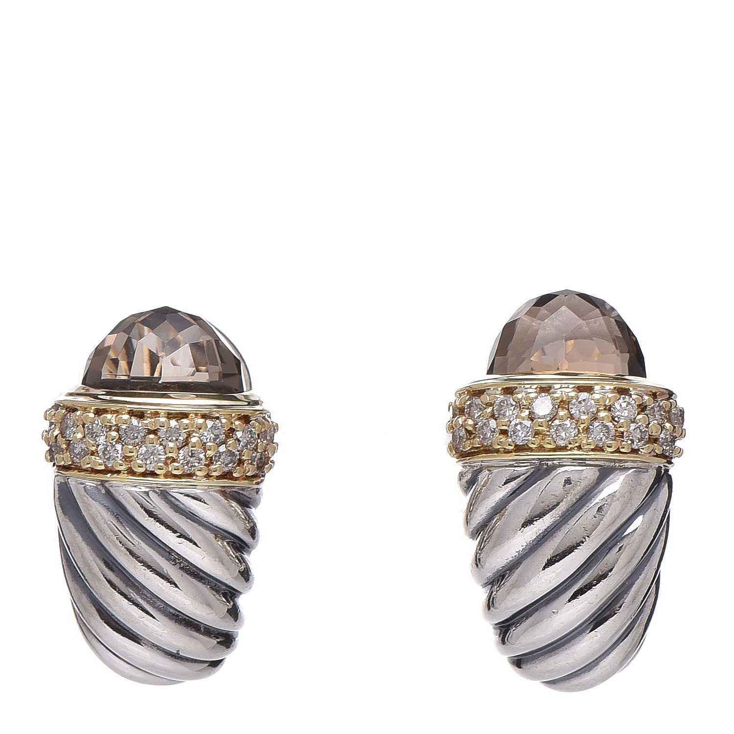 David Yurman Sterling Silver 18K Yellow Gold Smoky Quartz Diamond Shrimp Earrings 1 of 4