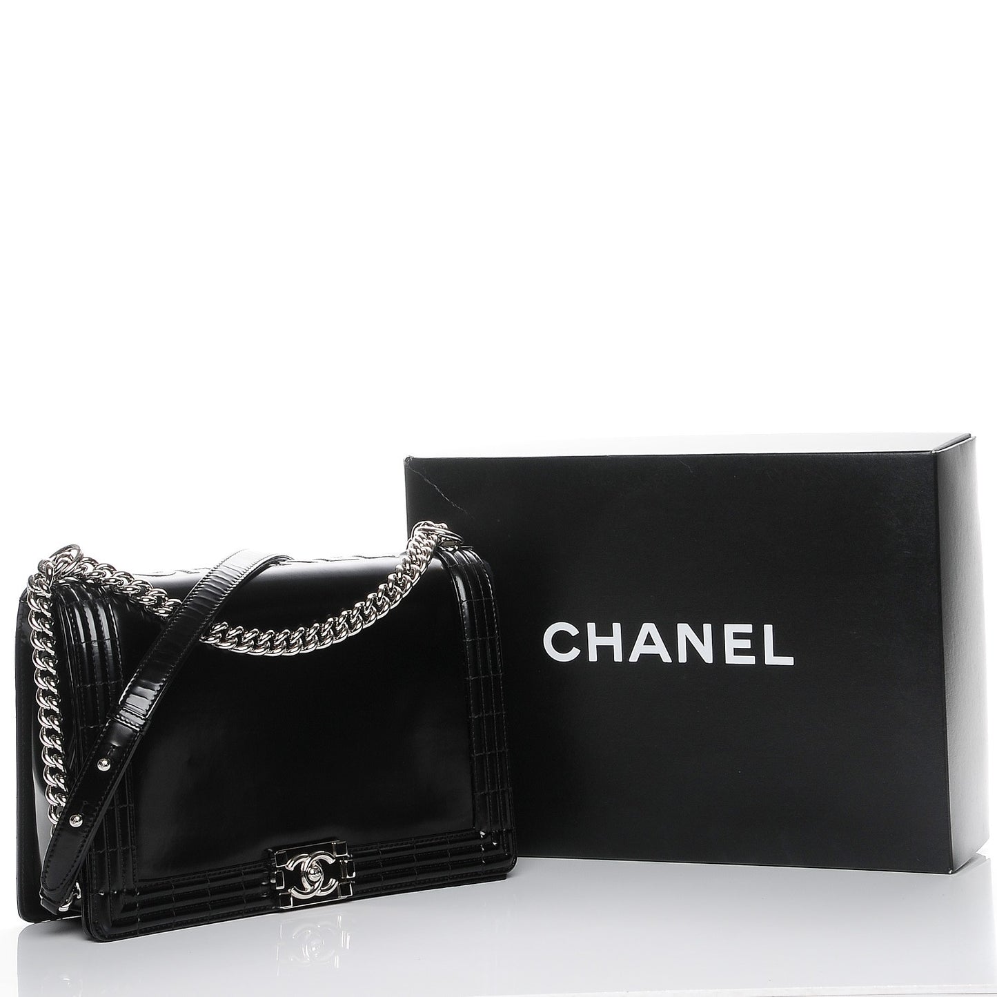 Glazed Calfskin Large Boy Flap Black