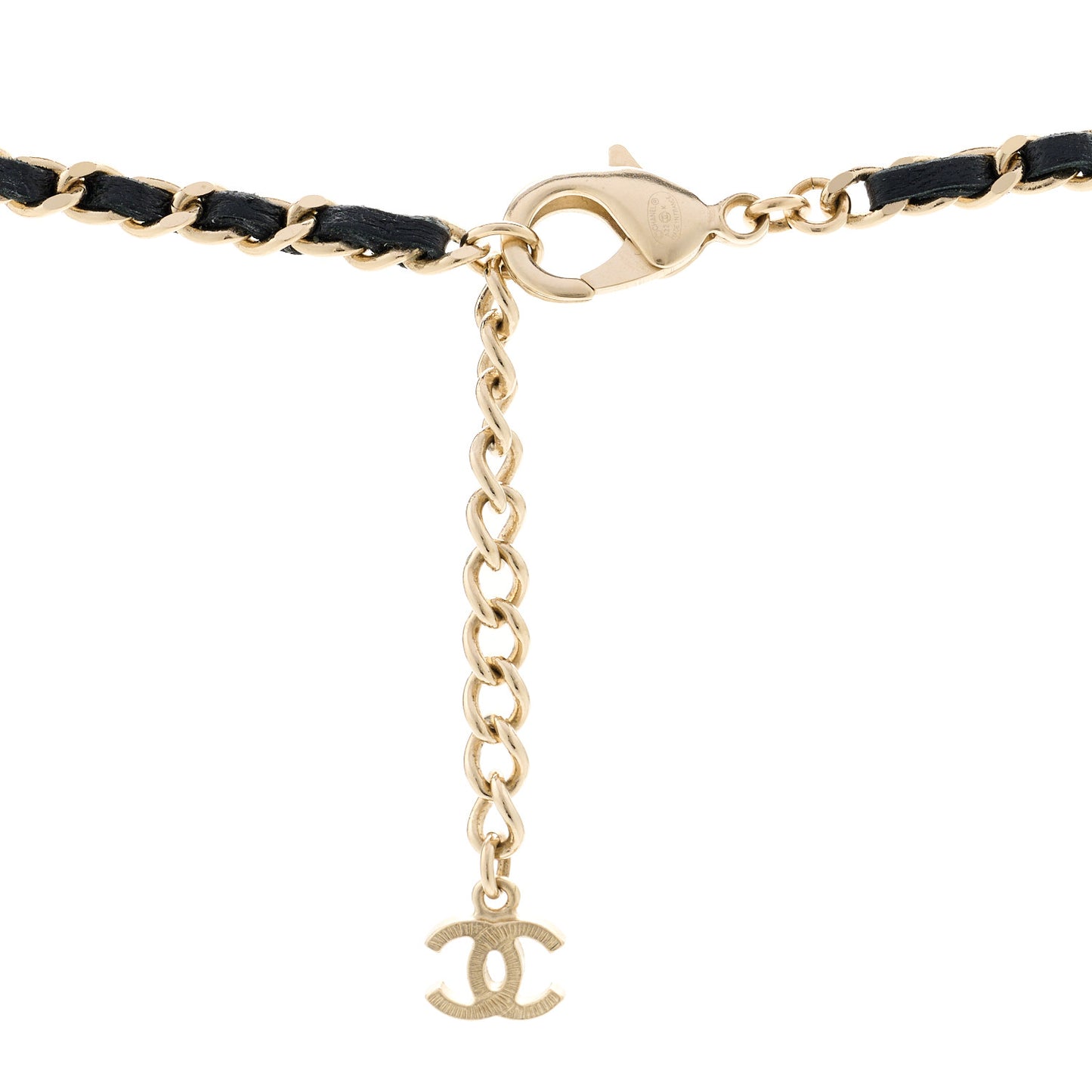 Lambskin Crystal CC Round Pendant Chain Necklace Gold Black