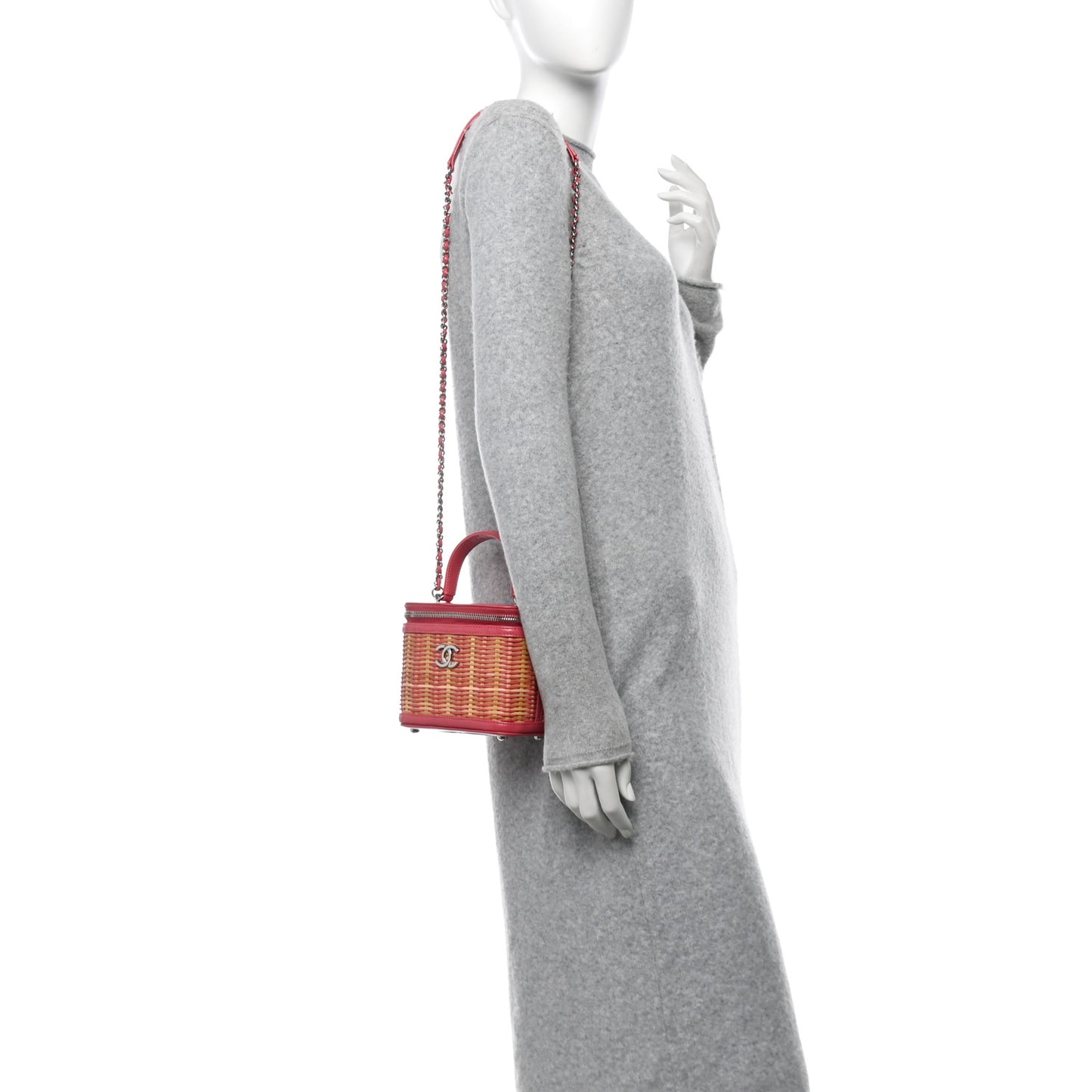 Calfskin Raffia Small Take Away Vanity Case Bag Pink Beige