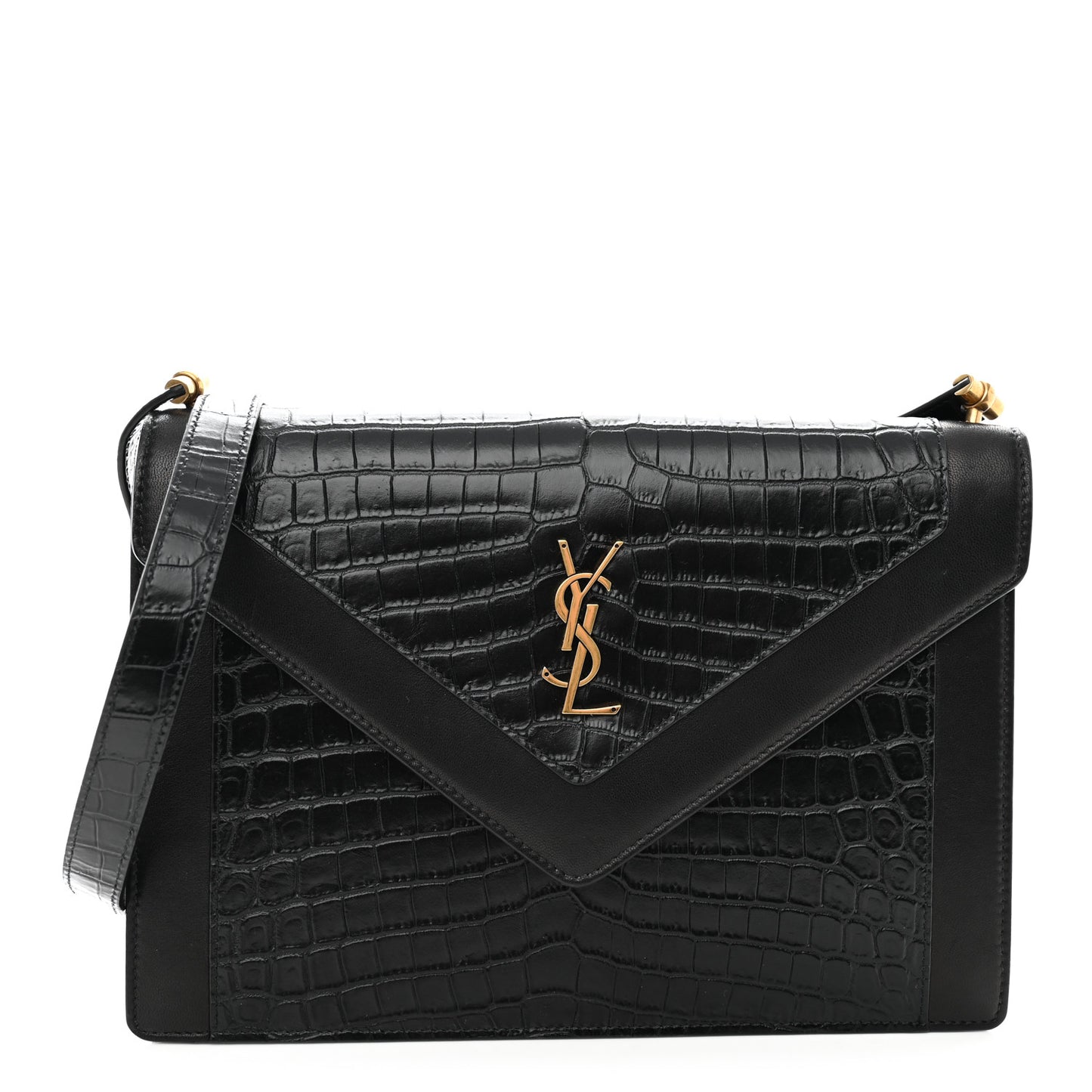 Calfskin Crocodile Embossed Gaby Satchel Black