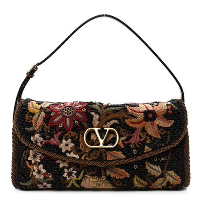 Valentino Garavani Floral Embroidered Beaded Small DeVain Shoulder Bag Black Multicolor 1 of 11