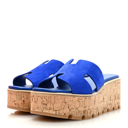 Hermes Suede Goatskin Cork Eze 30 Sandals 39 Bleu Ocean 2 of 9