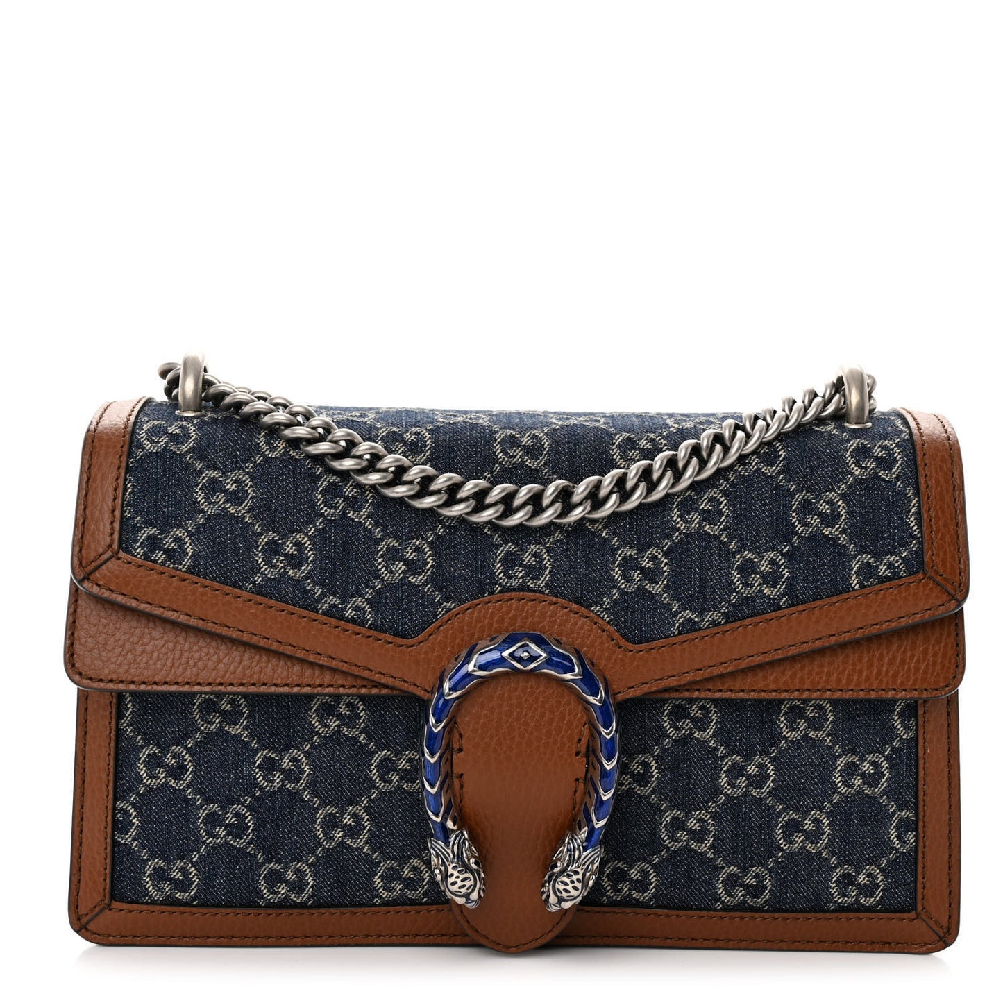 New Denim GG Monogram Dollar Calfskin Enamel Small Dionysus Shoulder Bag Blue Tea Cuir Epilog Electric Blue
