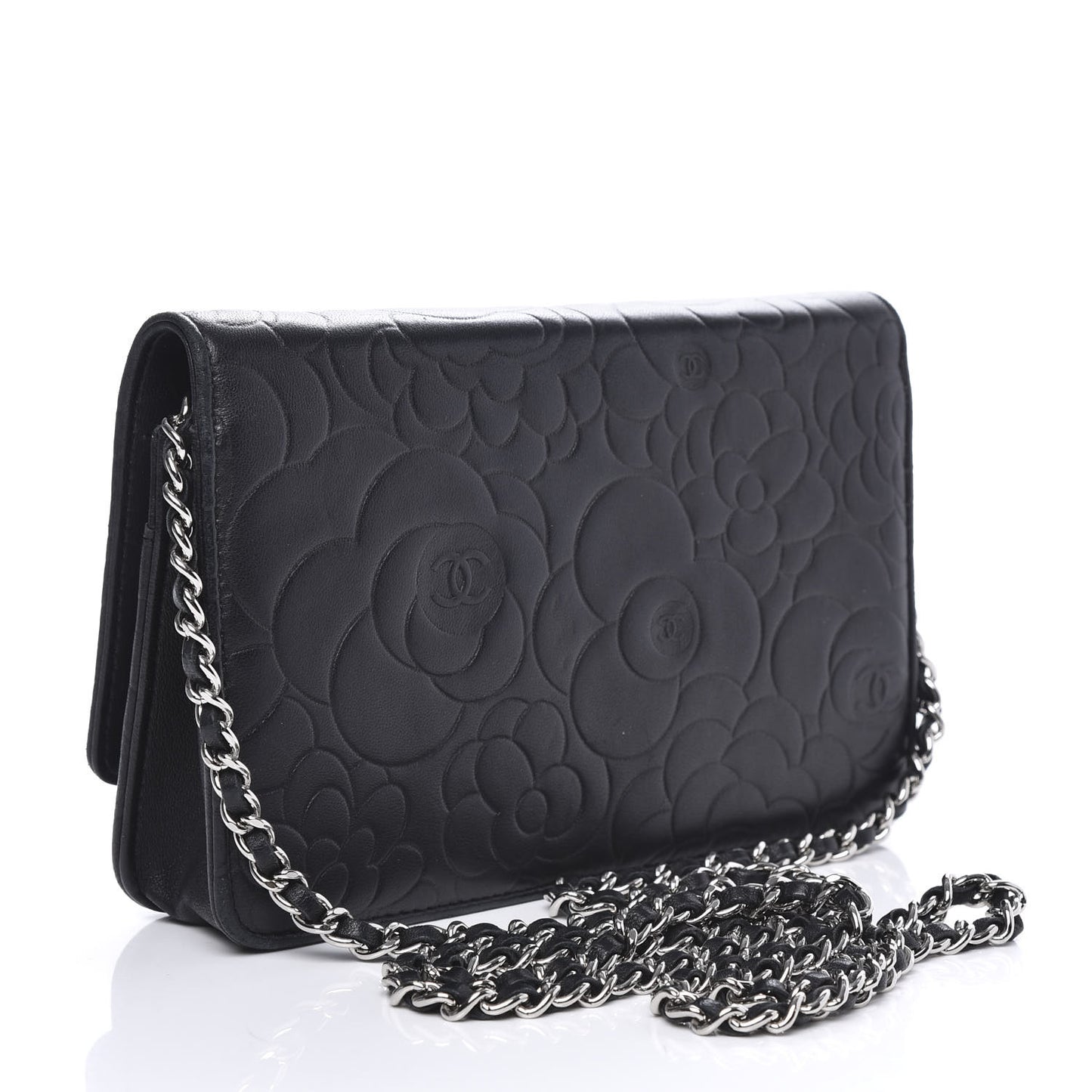 Lambskin Camellia Embossed Wallet on Chain WOC Black