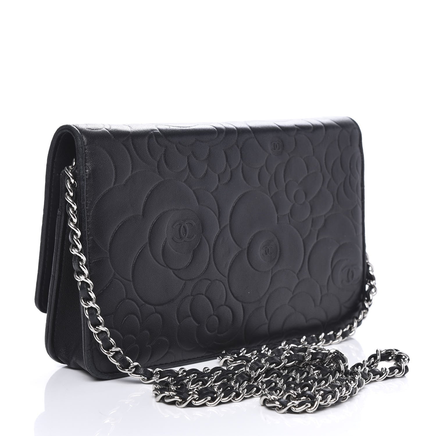 Chanel Lambskin Camellia Embossed Wallet on Chain WOC Black 2 of 13