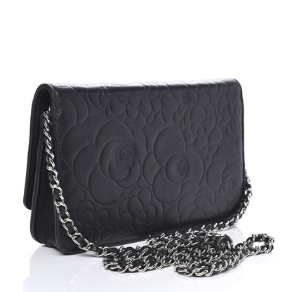 Chanel Lambskin Camellia Embossed Wallet on Chain WOC Black 2 of 13