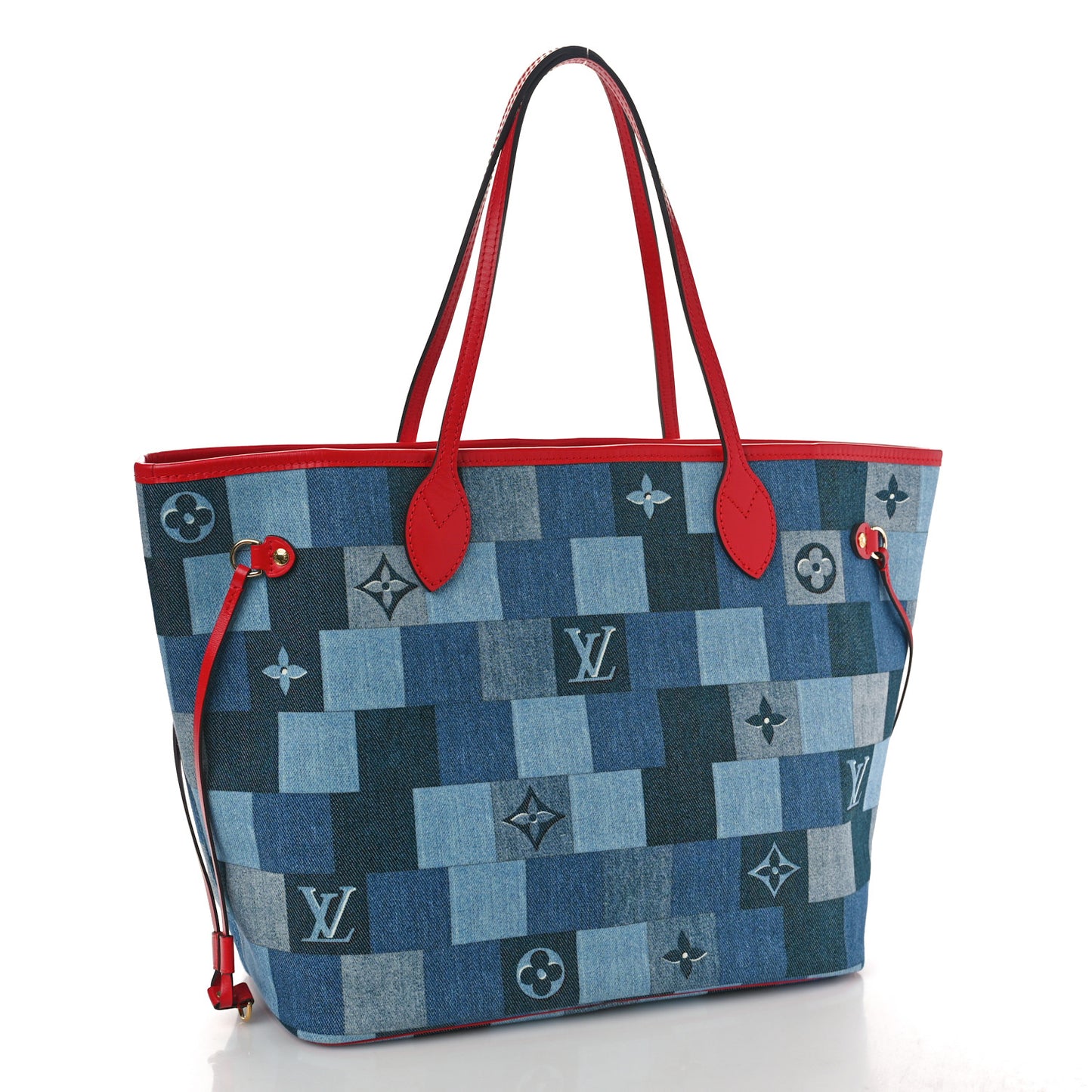 Denim Damier Monogram Patchwork Neverfull Blue Rouge