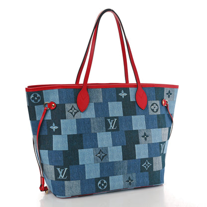 Louis Vuitton Denim Damier Monogram Patchwork Neverfull Blue Rouge 4 of 10
