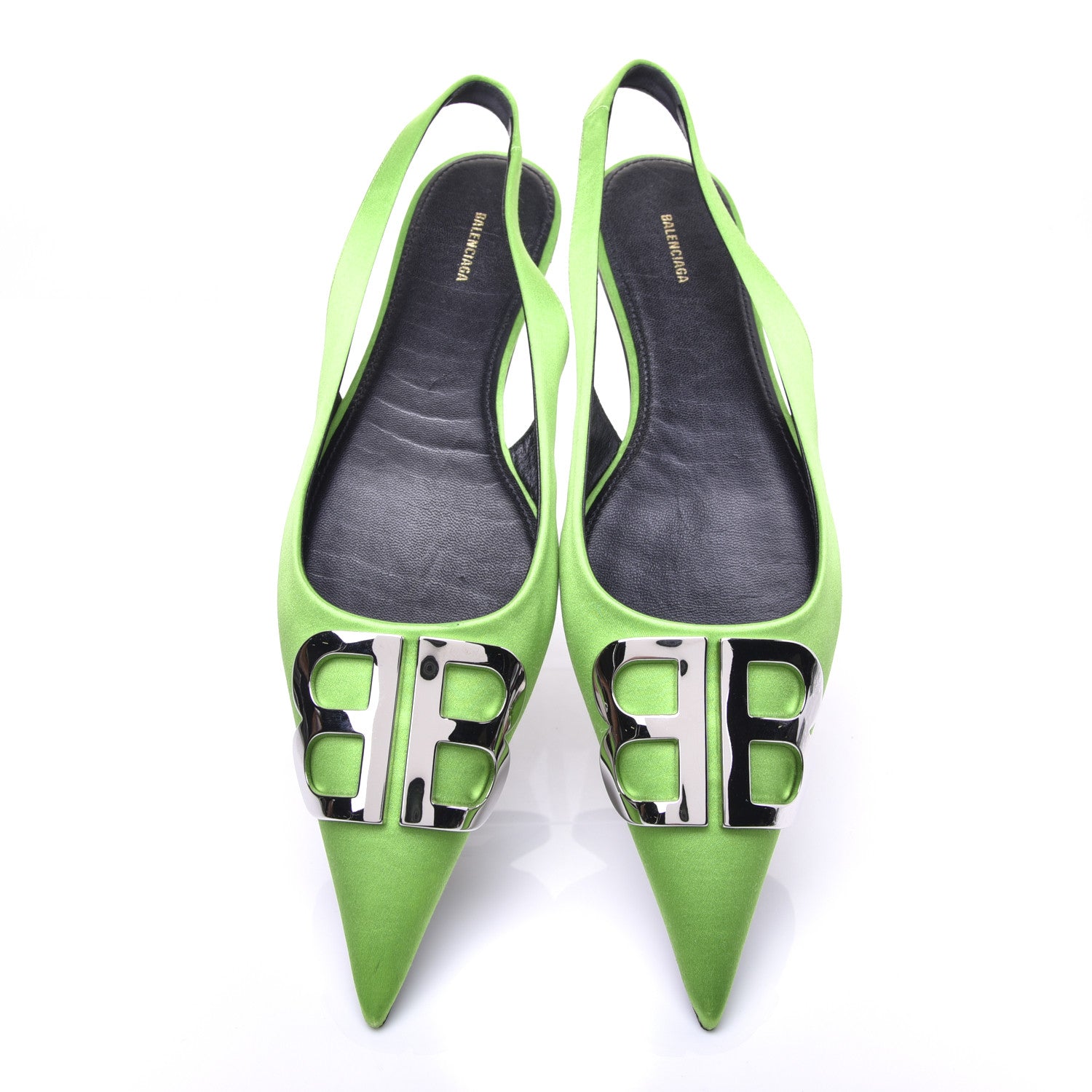 Balenciaga Satin BB Knife Pointy Toe Slingback Flats 38 Neon Green 5 of 11