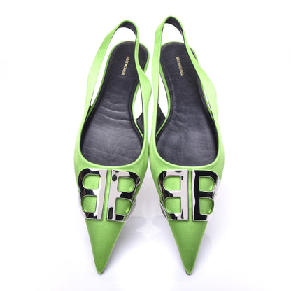 Balenciaga Satin BB Knife Pointy Toe Slingback Flats 38 Neon Green 5 of 11