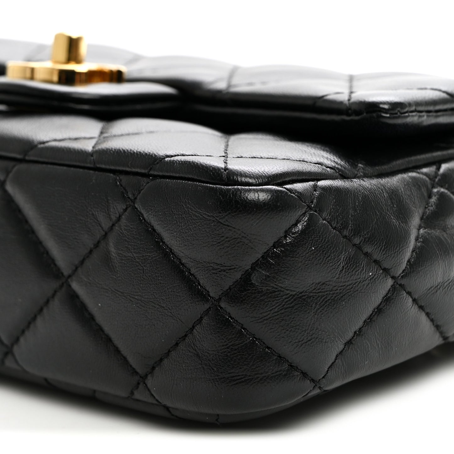 Shiny Lambskin Quilted Golden Links Top Handle Flap Black