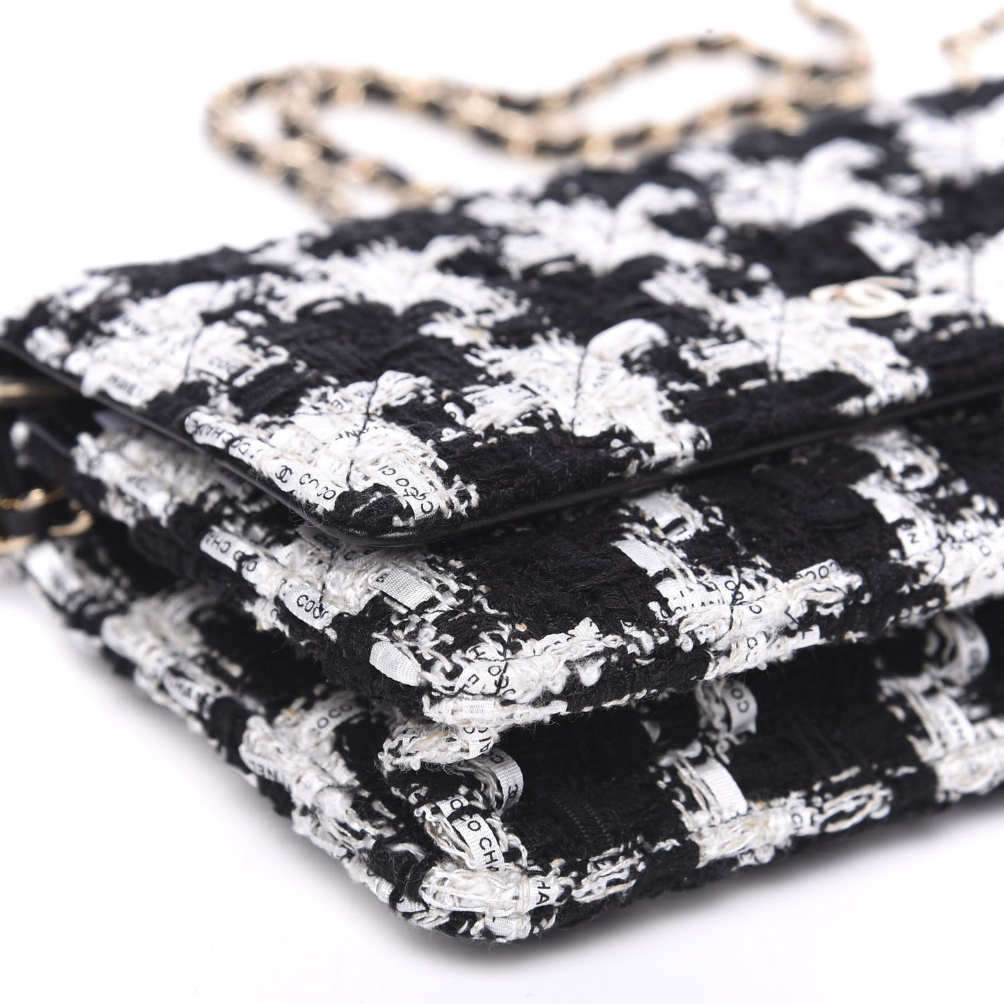 Tweed Quilted Wallet On Chain WOC Black Ecru White