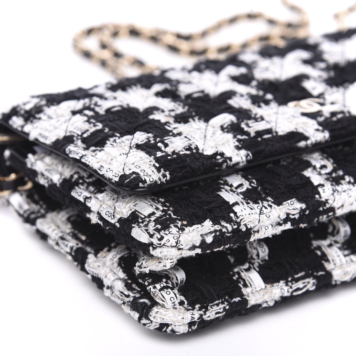 Chanel Tweed Quilted Wallet On Chain WOC Black Ecru White 9 of 11