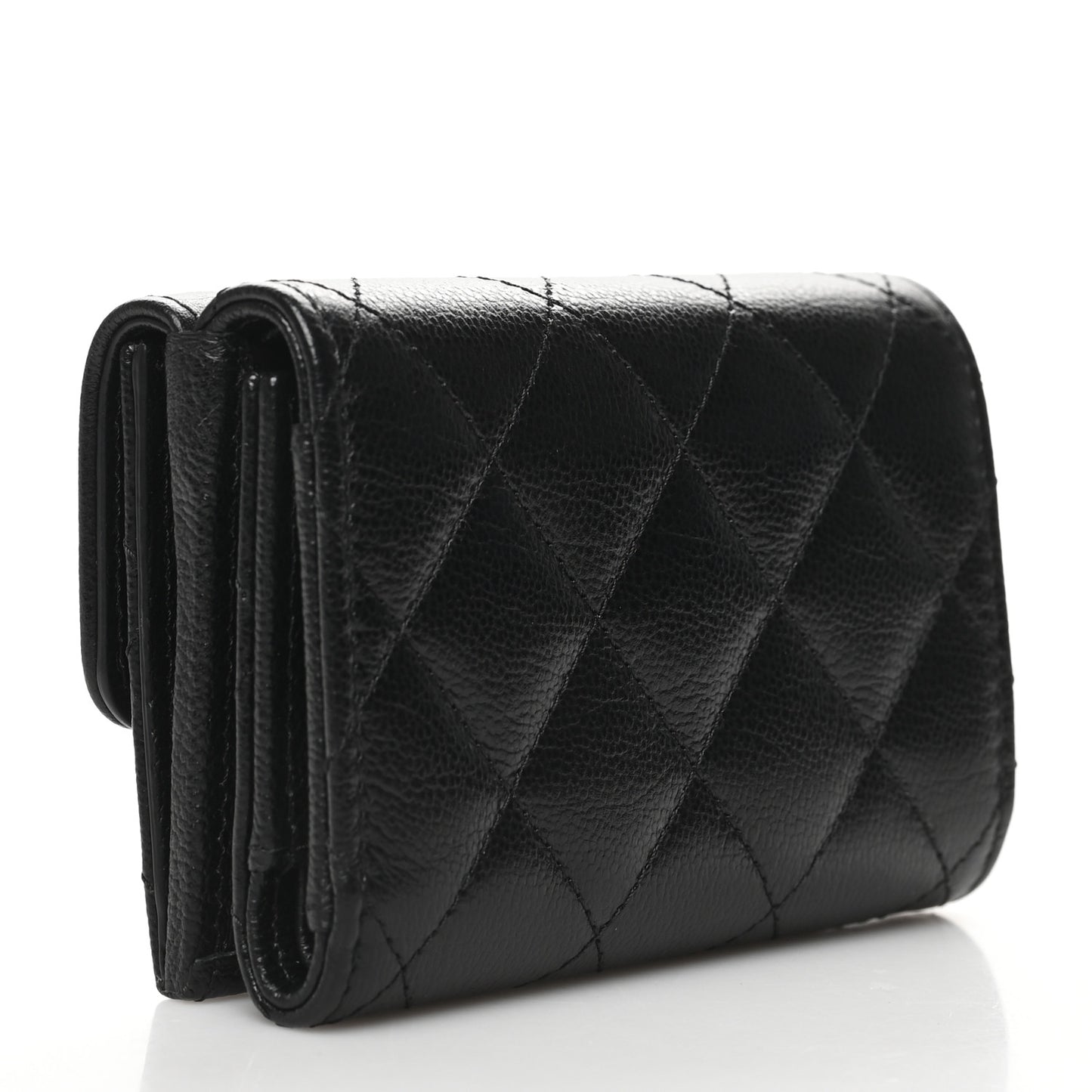 Grained Calfskin Quilted CC Box Compact Flap Wallet Black