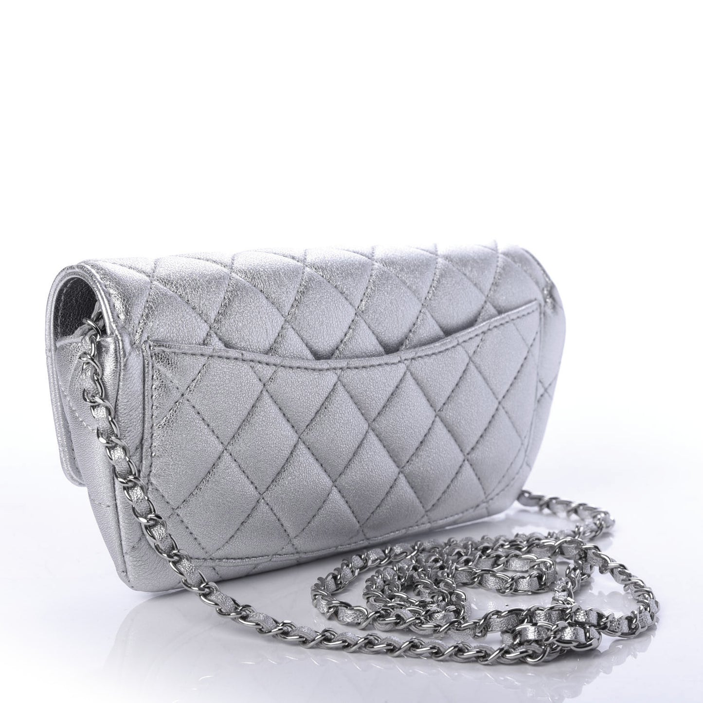 Metallic Lambskin Quilted Glasses Case With Chain Silver