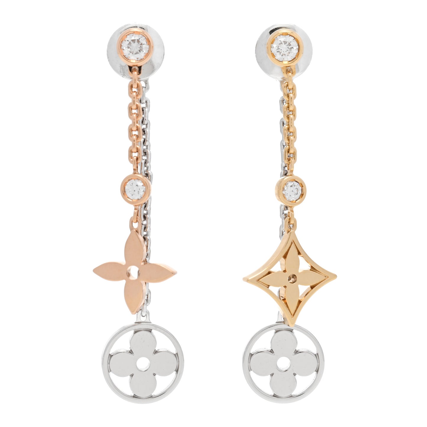 18K Yellow White Pink Gold Diamond Blossom Long Drop Earrings